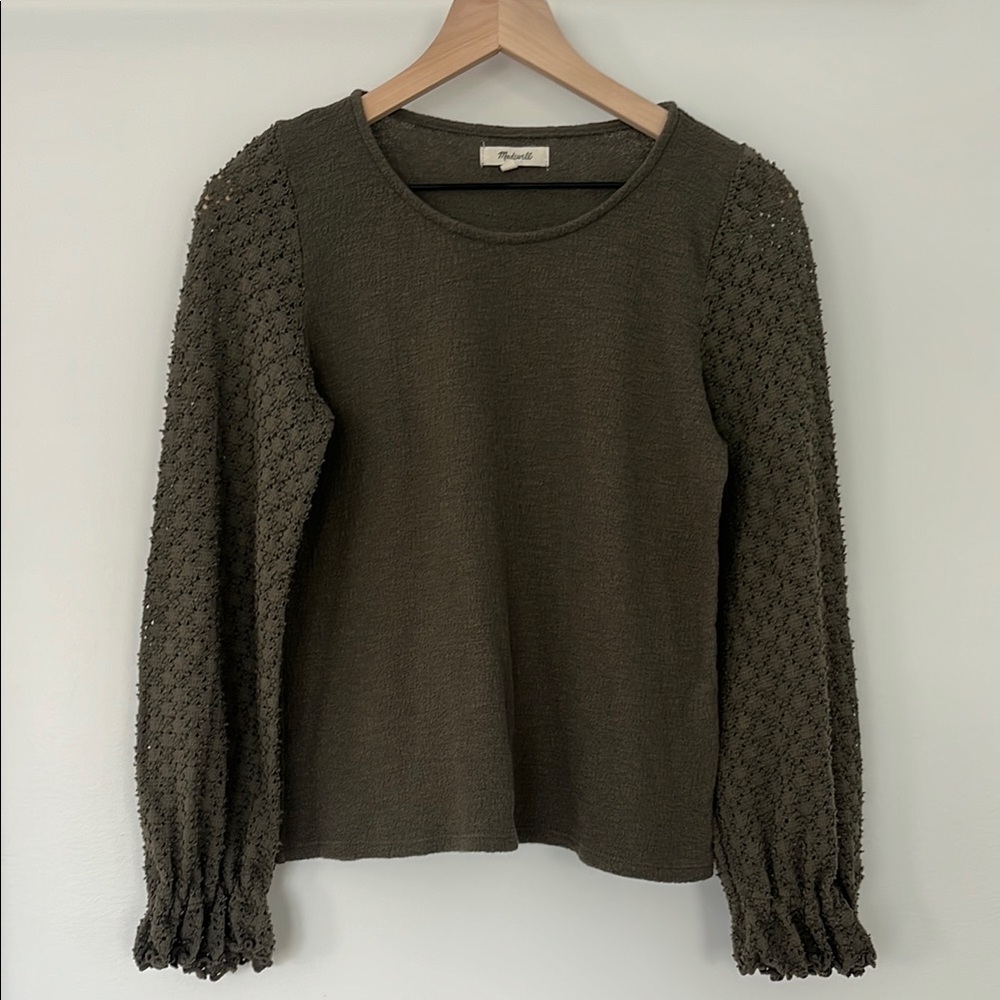 Madewell Dark Green Sweater with Textured Poofy Sleeves XS
